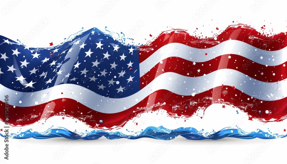 Obraz premium Abstract American flag illustration with splashes of blue, white and red colors, representing patriotic spirit and national pride.