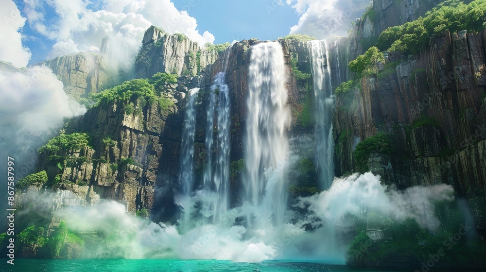 Fototapeta premium A majestic waterfall plunging relentlessly down a towering rocky cliff, surrounded by vibrant greenery and misty clouds, creating a serene natural wonder in vivid turquoise.