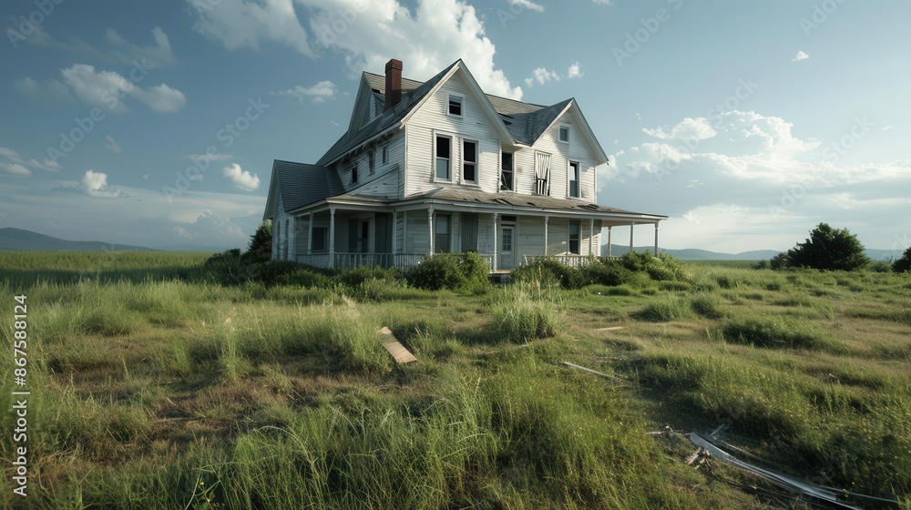 Obraz premium Abandoned farmhouse in a field with a cloudy sky