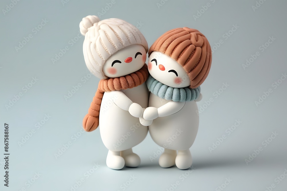 Adorable snowmen couple in winter hats and scarves, embracing joyfully.