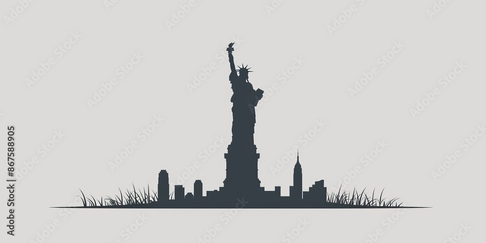 Obraz premium Silhouette of the Statue of Liberty with New York City skyline in the background on a grey background.