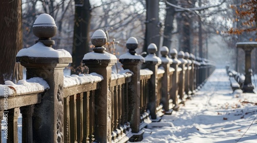 Snow covered stone pillars supporting a chic wooden fence photo