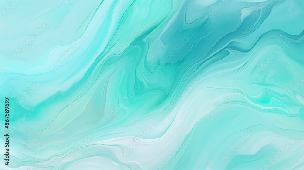 This image shows a calm blue-green marble texture characterized by fluid motion and soft swirls, creating a peaceful and soothing visual perfect for tranquil environments and designs.