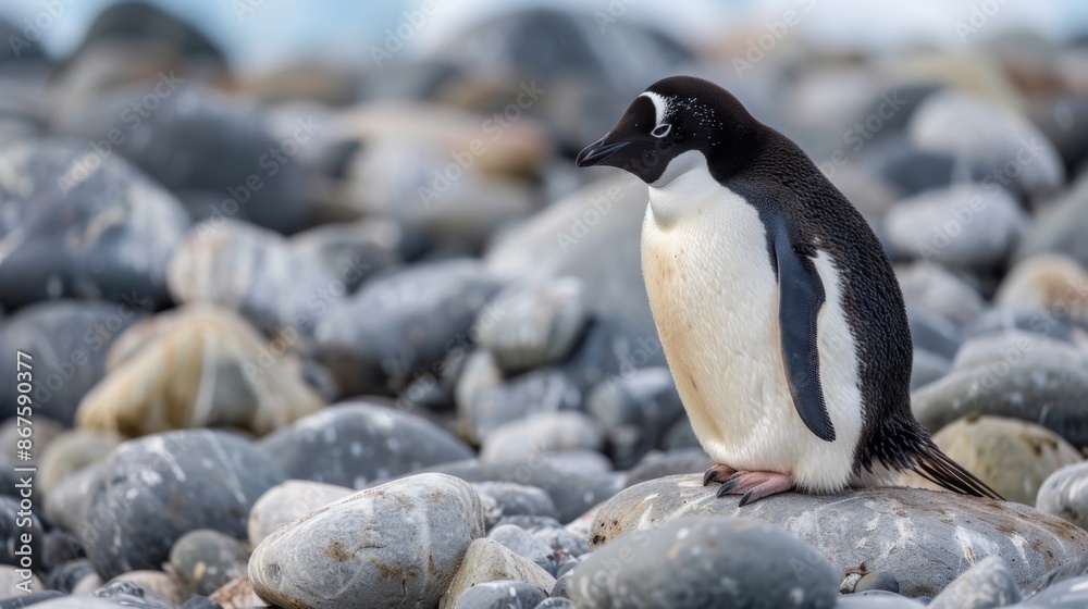 Naklejka premium An Adelie penguin is seen standing alone on a rocky surface, highlighted by the variety of colors and shapes of the surrounding stones, emphasizing its solitary and vigilant nature.