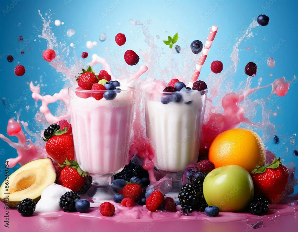 Tasty smoothies with fruits and milk. Splashes of juis and milk around. Colorful background for cafe menu, restaurant banner, wallpaper. Healthy life style. Tasty smoothies with fruits and milk. Splashes of juis and milk around. Colorful background for cafe menu, restaurant banner, wallpaper. Healthy life style.