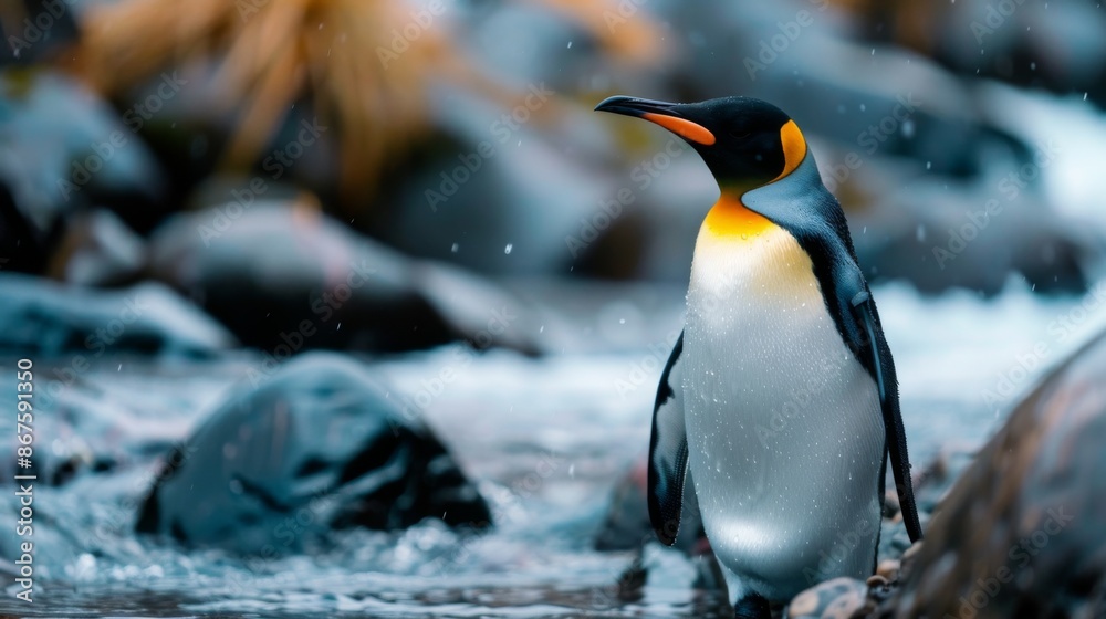 Fototapeta premium An elegant Emperor Penguin stands poised in a serene winter landscape with snow falling, capturing the majestic beauty of the Antarctic wildlife amid its natural surroundings.