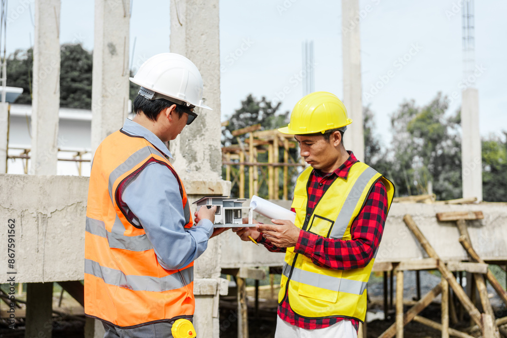 Two male construction workers, including an Asian engineer, meticulously review structural plans and design concrete columns and beams for a new residential build. Two male construction workers, including an Asian engineer, meticulously review structural plans and design concrete columns and beams for a new residential build.