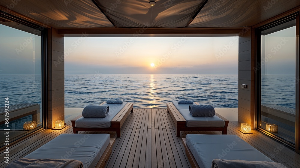 the sun is setting over the ocean on a boat the sun is setting over the ocean on a boat