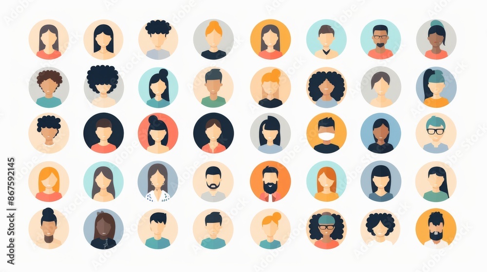 A collection of diverse icons representing various people, showcasing a wide array of hairstyles, skin tones, and styles, emphasizing individuality and variety.