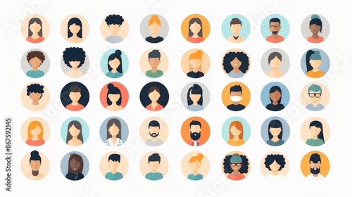 A collection of diverse icons representing various people, showcasing a wide array of hairstyles, skin tones, and styles, emphasizing individuality and variety.