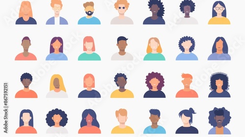Collection of diverse illustrated avatars of different people in a colorful flat design, showcasing varied hair styles, colors, and clothing styles.