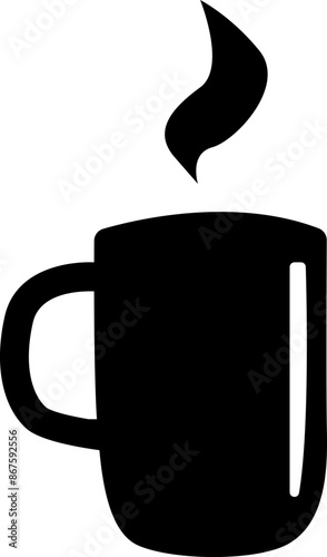 Silhouette of cup with cloud of steam from hot drink  raising above it.  Vector illustration in black color. Transparent background