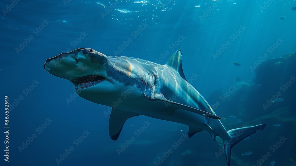 Naklejka premium Majestic shark swimming underwater in the ocean. Wild marine life captured in a stunning and dramatic underwater setting. Free to use AI-generated image.