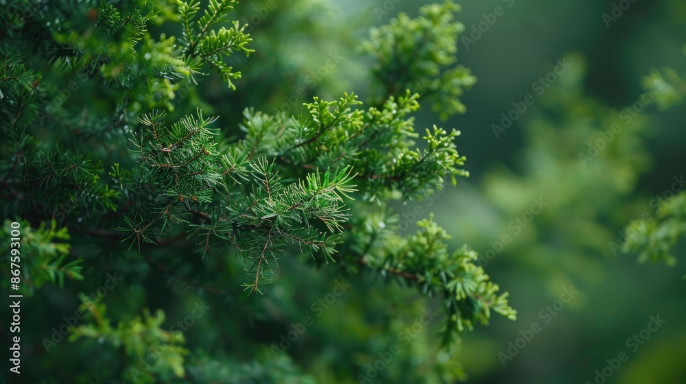 Close up view of juniper tree branches Green backdrop with prickly needles Banner with space for text Close up view of juniper tree branches Green backdrop with prickly needles Banner with space for text