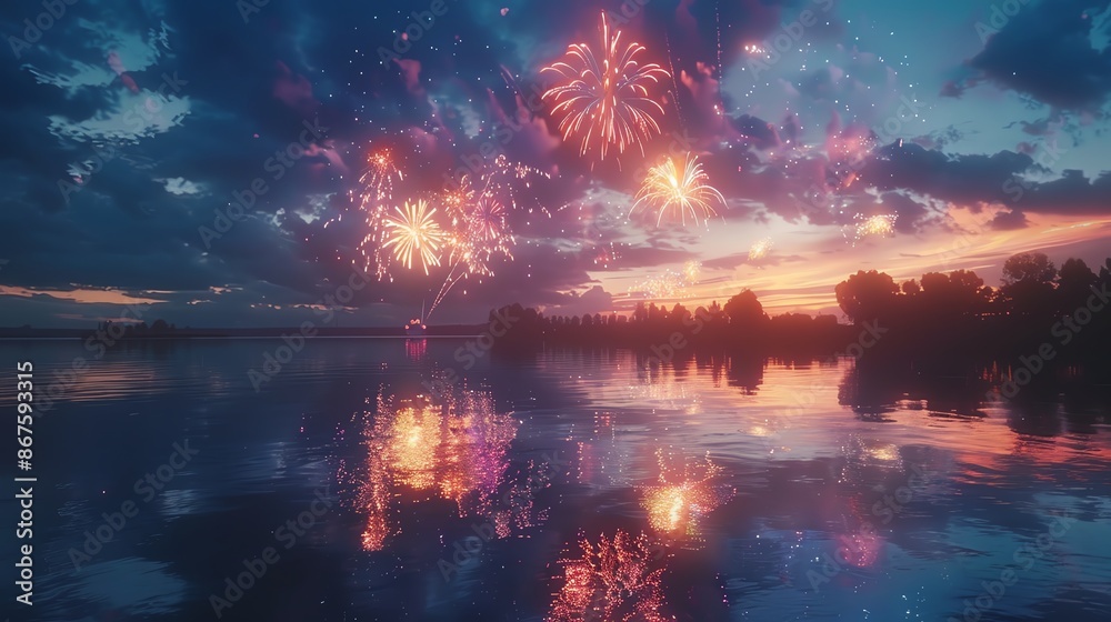 A breathtaking view of fireworks exploding over a still lake at sunset, creating a vibrant display of color and light reflected in the water. A breathtaking view of fireworks exploding over a still lake at sunset, creating a vibrant display of color and light reflected in the water.