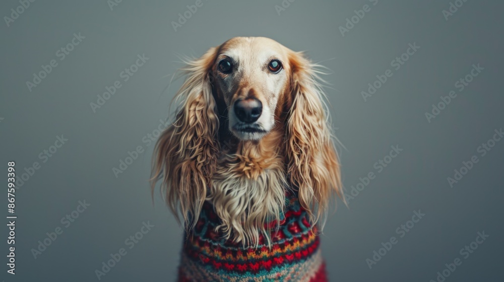 An adorable long-eared dog poses for a portrait while wearing a colorful knit sweater, expressing a calm and endearing demeanor, perfect for a cozy winter day picture. An adorable long-eared dog poses for a portrait while wearing a colorful knit sweater, expressing a calm and endearing demeanor, perfect for a cozy winter day picture.