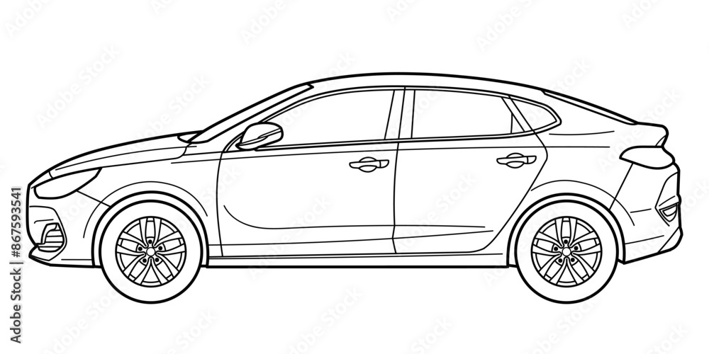 Classic city sedan car. 4 door car on white background. Side view shot. Outline cartoon doodle vector illustration Classic city sedan car. 4 door car on white background. Side view shot. Outline cartoon doodle vector illustration