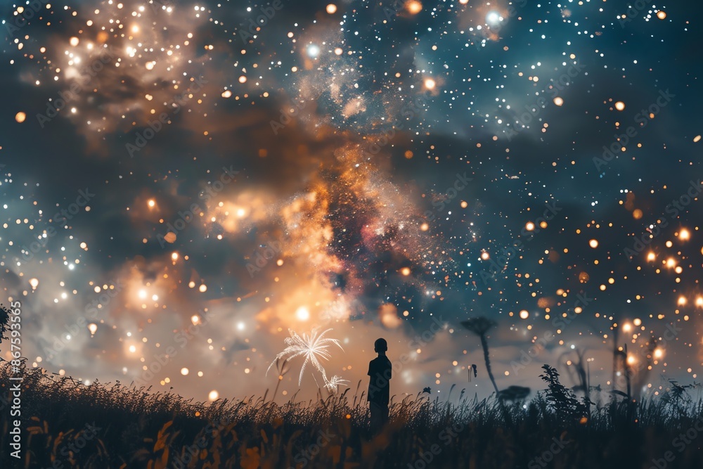 Fototapeta premium A lone figure stands in a field, gazing up at a spectacular starry sky. The night sky is filled with thousands of stars and swirling clouds.