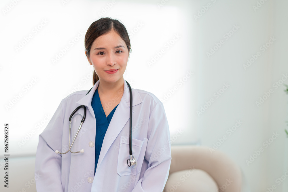 Portrait of Mature Female Doctor Wearing white Coat with Stethoscope Standing in Hospital Corridor. Concept Of Medical Technology and Healthcare Business. Portrait of Mature Female Doctor Wearing white Coat with Stethoscope Standing in Hospital Corridor. Concept Of Medical Technology and Healthcare Business.
