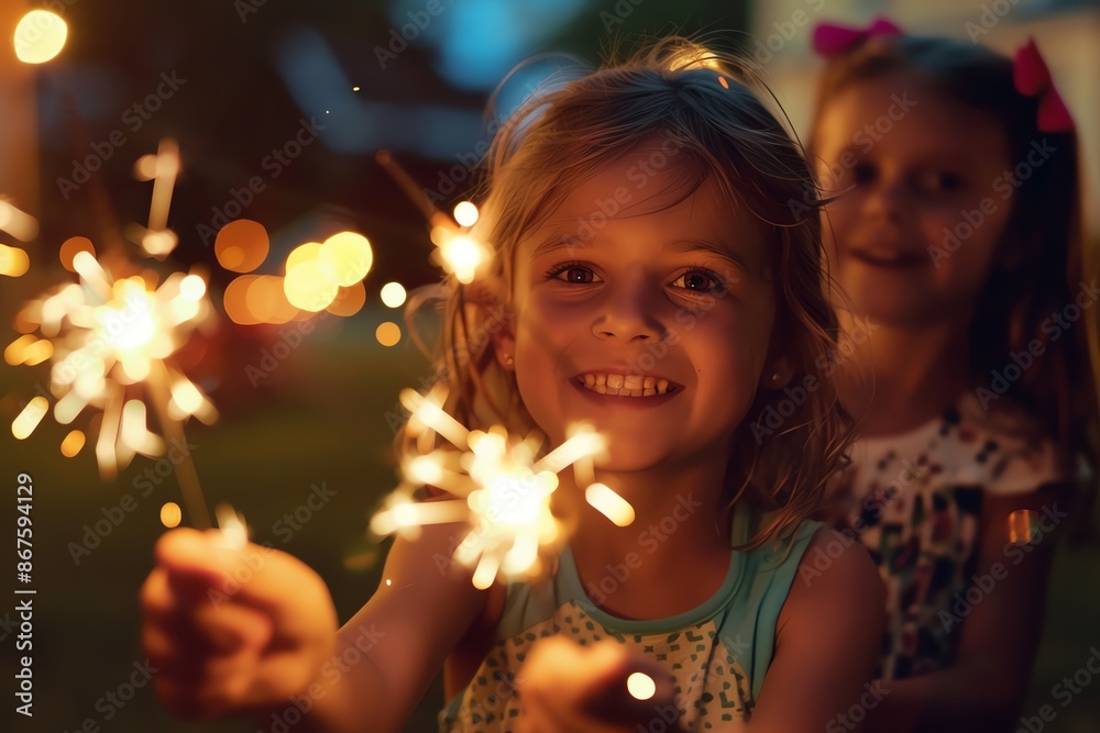 Two young girls smiling and holding sparklers at a nighttime celebration. Two young girls smiling and holding sparklers at a nighttime celebration.