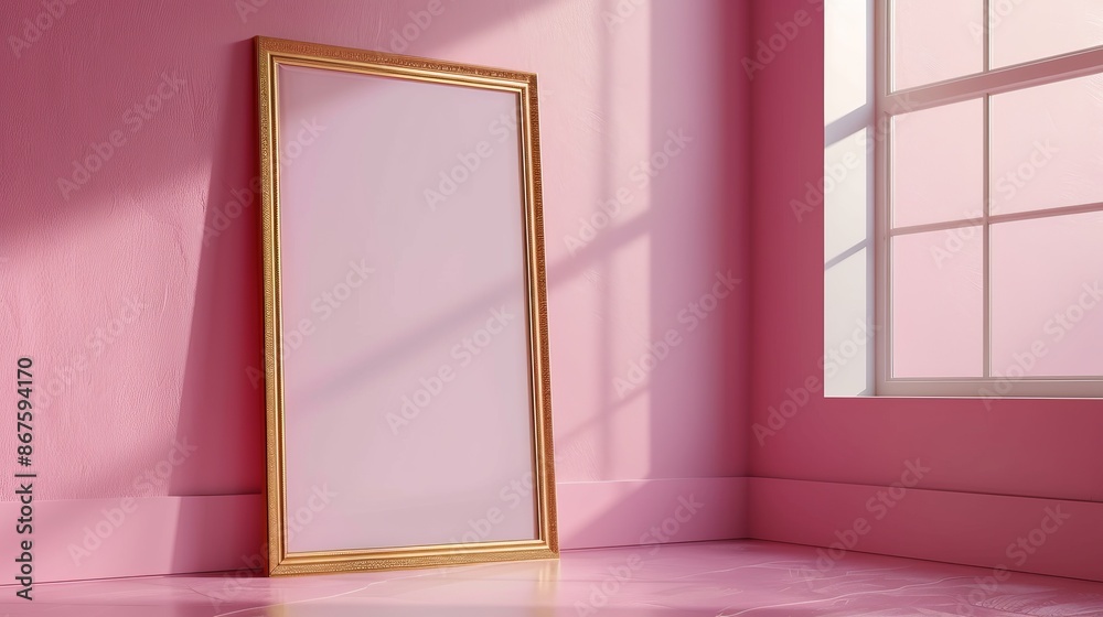 Vertical golden frame mockup close up on wall painted pastel pink color Vertical golden frame mockup close up on wall painted pastel pink color