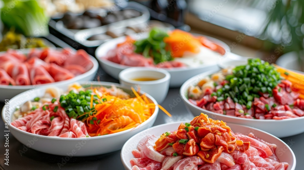 Delicious hot pot ingredients ready for shabu shabu dining experience in vibrant restaurant setting Delicious hot pot ingredients ready for shabu shabu dining experience in vibrant restaurant setting