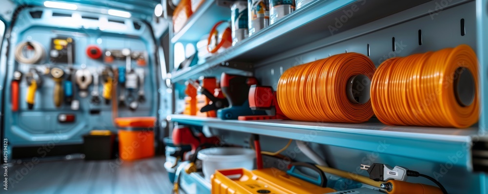 Orange Cable Reels On Blue Shelf In A Service Van Orange Cable Reels On Blue Shelf In A Service Van