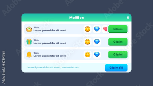 Game UI Mailbox. Game Interface Elements. Cartoon colorful design. Isolated UI Kit
