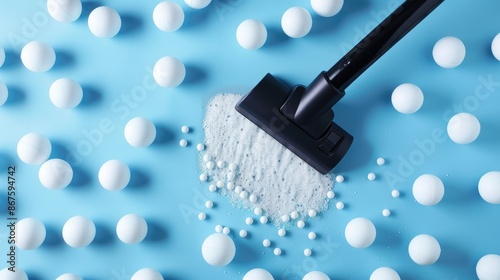 Top view of a vacuum cleaner s turbo brush cleaning white spheres on a blue background emphasizing cleanliness photo