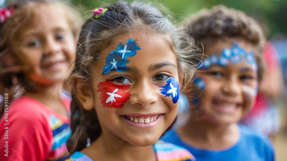 A group of smiling children with face paint, celebrating a festive occasion. A group of smiling children with face paint, celebrating a festive occasion.
