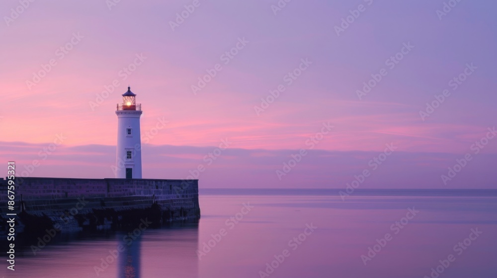 Tranquil lighthouse at sunrise on calm ocean with soft pink and purple sky Tranquil lighthouse at sunrise on calm ocean with soft pink and purple sky