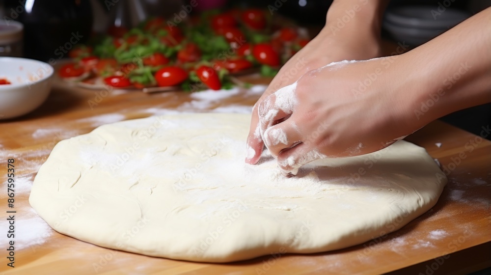 Close-up of hands skillfully kneading pizza dough on a floured wooden surface, showcasing the process of making homemade pizza in a kitchen environment.