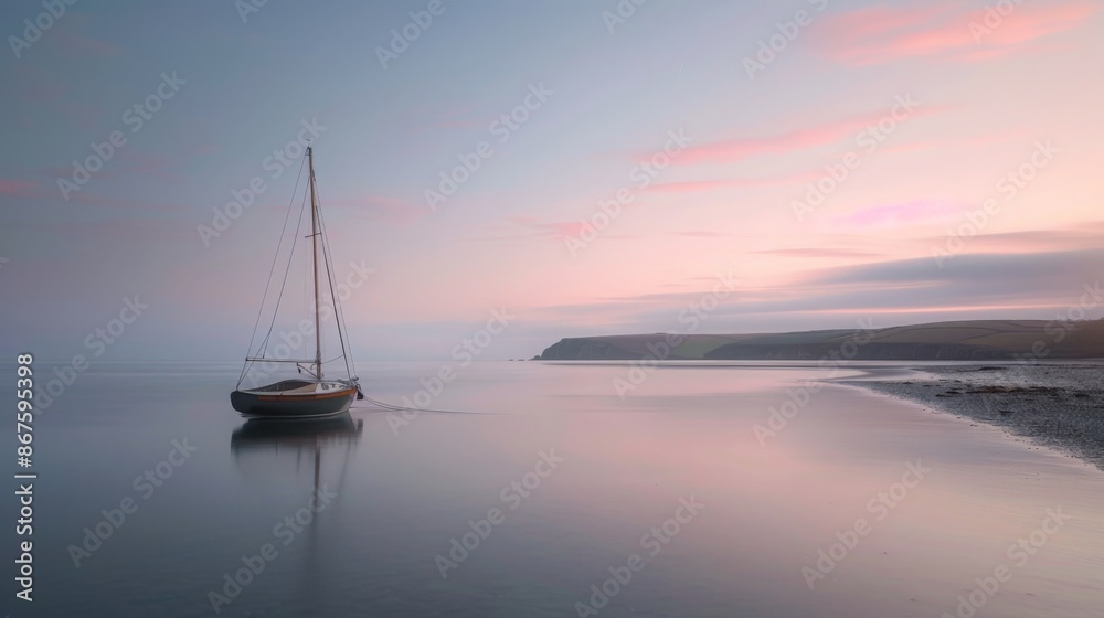 Naklejka premium Serene sunset over calm sea with a solitary boat and distant coastline