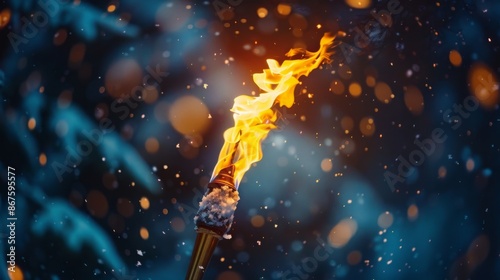 Burning torch in the snowy forest creates a magical contrast. The orange flames of the torch stand out boldly against the dark blue snowy backdrop.
