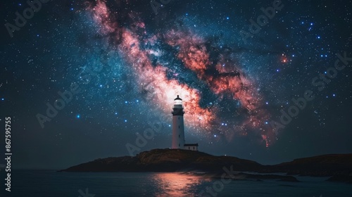 Majestic lighthouse under a star-filled sky with vibrant Milky Way, illuminating the dark night on a serene coastal island. Mystical nightscape scenery.