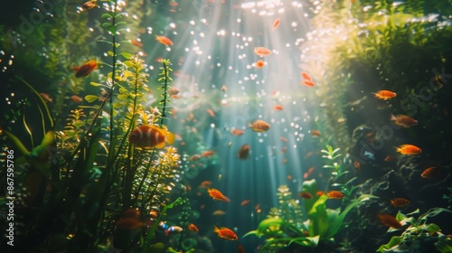 Beautiful underwater scene with bright sunlight above, illuminating vibrant plants and colorful fish in a lush, green aquatic environment. Nature at its best.