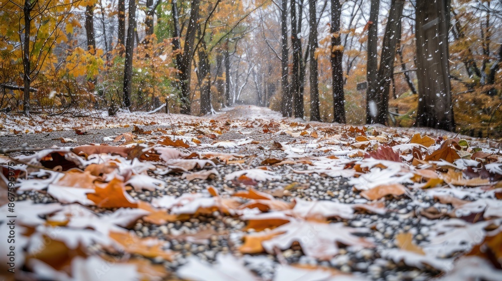 A pathway covered in autumn leaves with a light snowfall beginning A pathway covered in autumn leaves with a light snowfall beginning