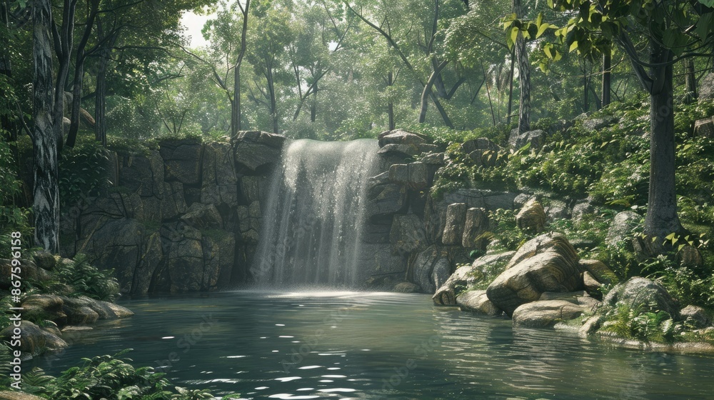 A picturesque waterfall flowing into a tranquil forest pool A picturesque waterfall flowing into a tranquil forest pool