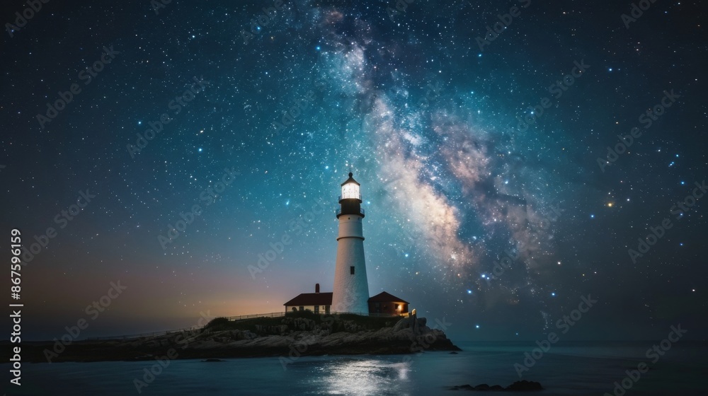 Lighthouse under a starry sky with Milky Way galaxy shining bright. Coastal night scene captures tranquility and beauty of nature. Lighthouse under a starry sky with Milky Way galaxy shining bright. Coastal night scene captures tranquility and beauty of nature.