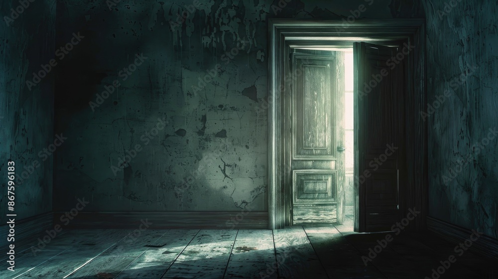 An ancient closet illuminated by an ethereal light sits alone in the surrounding silence of a room evoking a feeling of profound intrigue and imagination