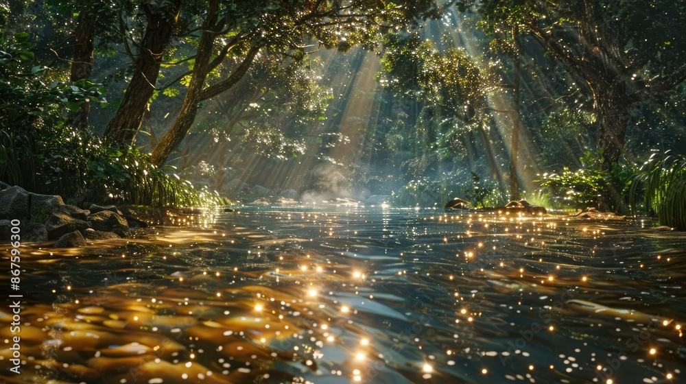 A quiet forest stream with sunlight sparkling on the water A quiet forest stream with sunlight sparkling on the water