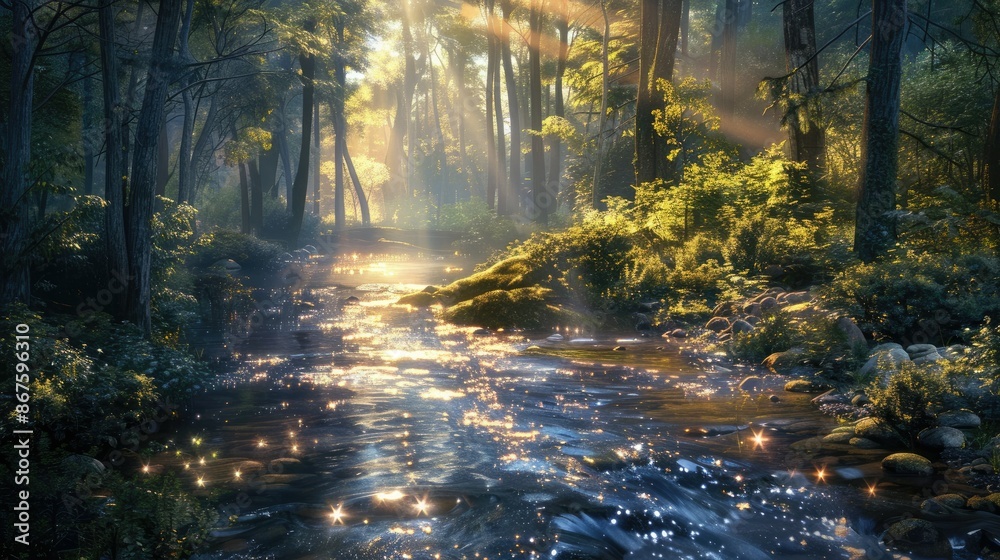 Obraz premium A quiet forest stream with sunlight sparkling on the water