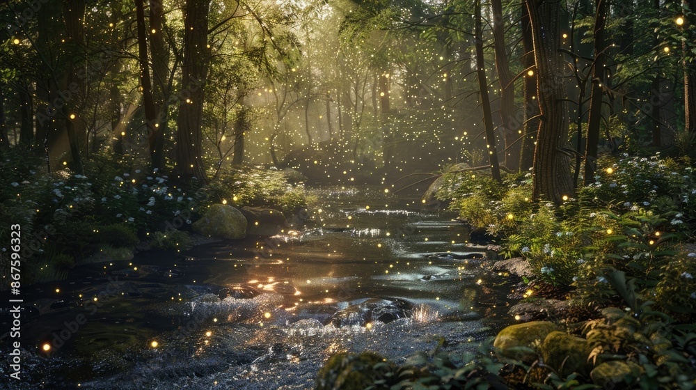 Fototapeta premium A quiet forest stream with sunlight sparkling on the water