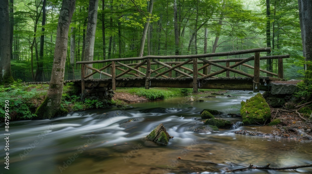 A rustic wooden bridge spanning a gently flowing forest stream A rustic wooden bridge spanning a gently flowing forest stream