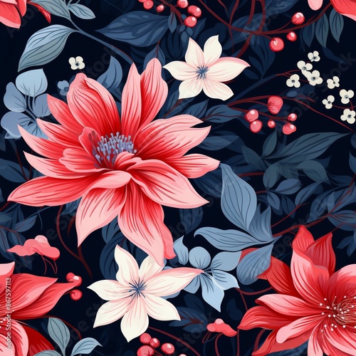 Red and pink flowers with white and blue leaves on a dark blue background.