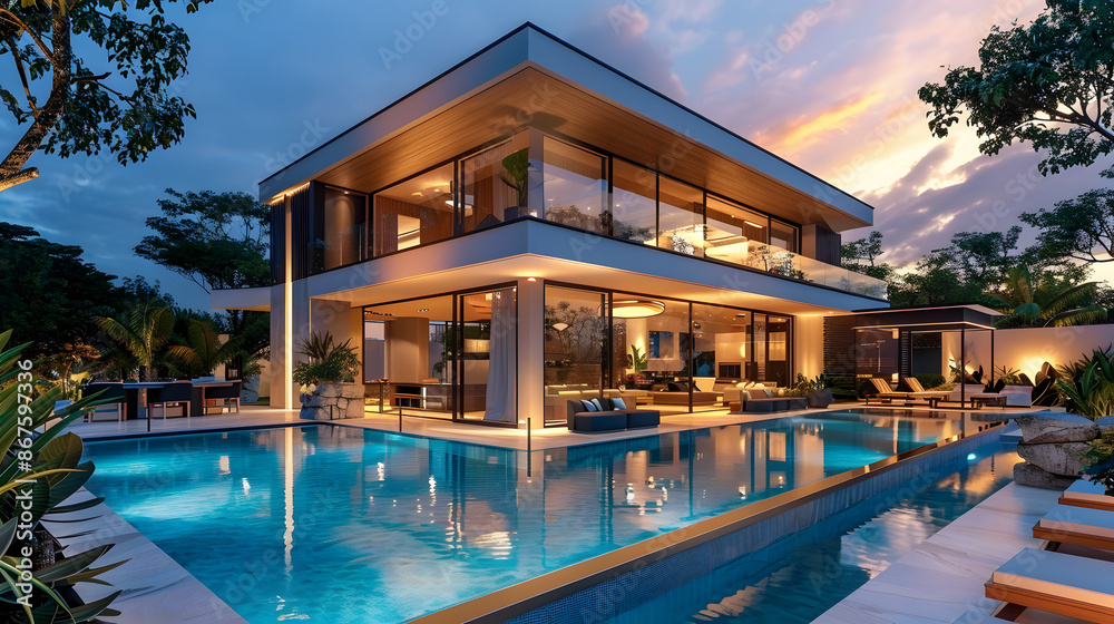 Fototapeta premium Luxury villa with large pool and outdoor seating area at twilight