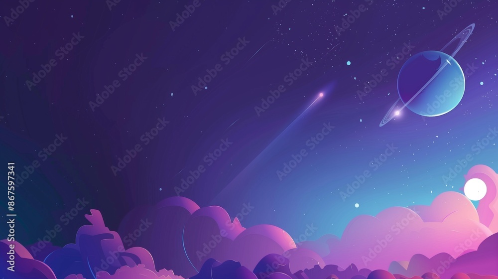 Dreamy Cosmic Landscape with Glowing Stars and Ringed Planet Dreamy Cosmic Landscape with Glowing Stars and Ringed Planet