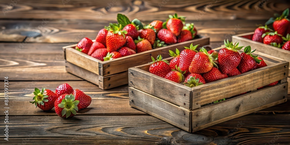 Fresh strawberries in rustic wooden boxes, farmers market, organic, fruit, healthy, red, ripe, harvest, natural, vibrant Fresh strawberries in rustic wooden boxes, farmers market, organic, fruit, healthy, red, ripe, harvest, natural, vibrant