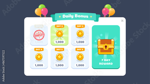 Game UI DailyReward. Game Interface Elements. Cartoon colorful design. Isolated UI Kit