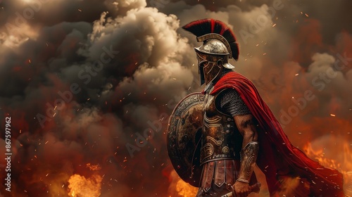 Ancient Greek warrior in armor with helmet and red cape, a battle scene